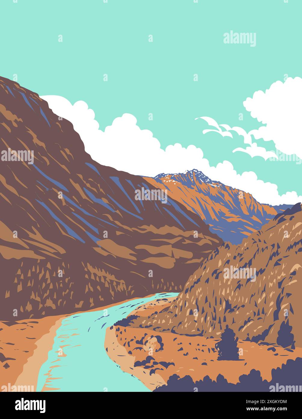 Poster art WPA del fiume Shotover Kimiakau con Mount aspiring visto da Arthurs Point a Queenstown, Otago, nuova Zelanda realizzato in Works project ad Illustrazione Vettoriale