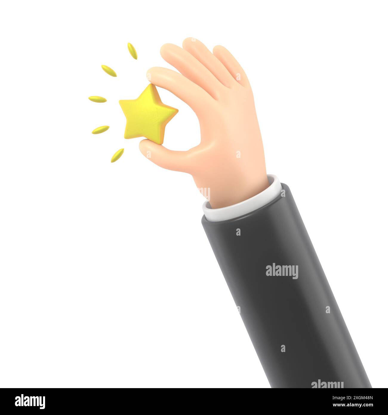 Icona dei gesti dei cartoni animati Mockup.icona a stella della mano 3d.illustrazione del tasso cliente positivo dorato, rendering 3D su sfondo bianco. Foto Stock