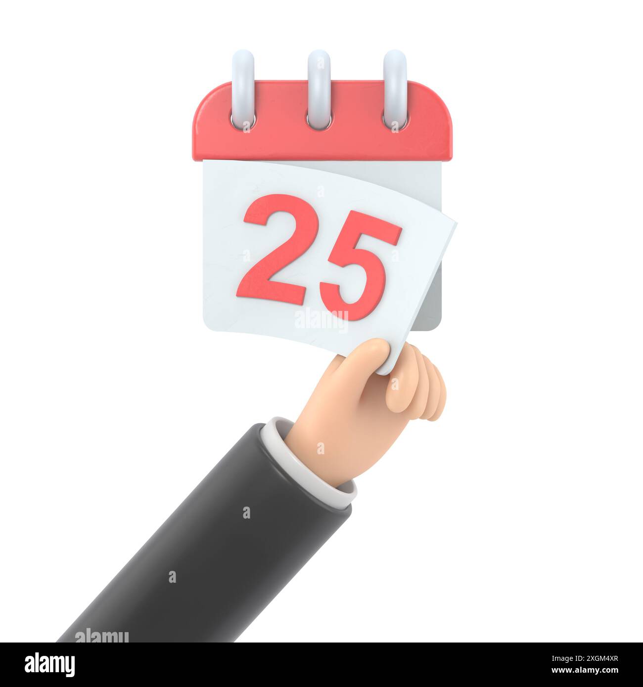 Icona movimento cartoni animati Mockup. Strappare il foglio del calendario. 25 è la data sul calendario. Data di scadenza. Concetto di scadenza. Pagina modello. Rendering 3D su wh Foto Stock