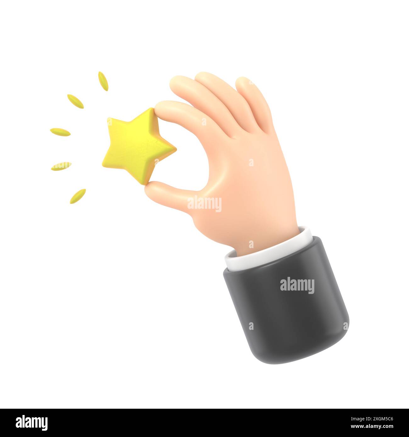 Icona dei gesti dei cartoni animati Mockup.icona a stella della mano 3d.illustrazione del tasso cliente positivo dorato, rendering 3D su sfondo bianco. Foto Stock