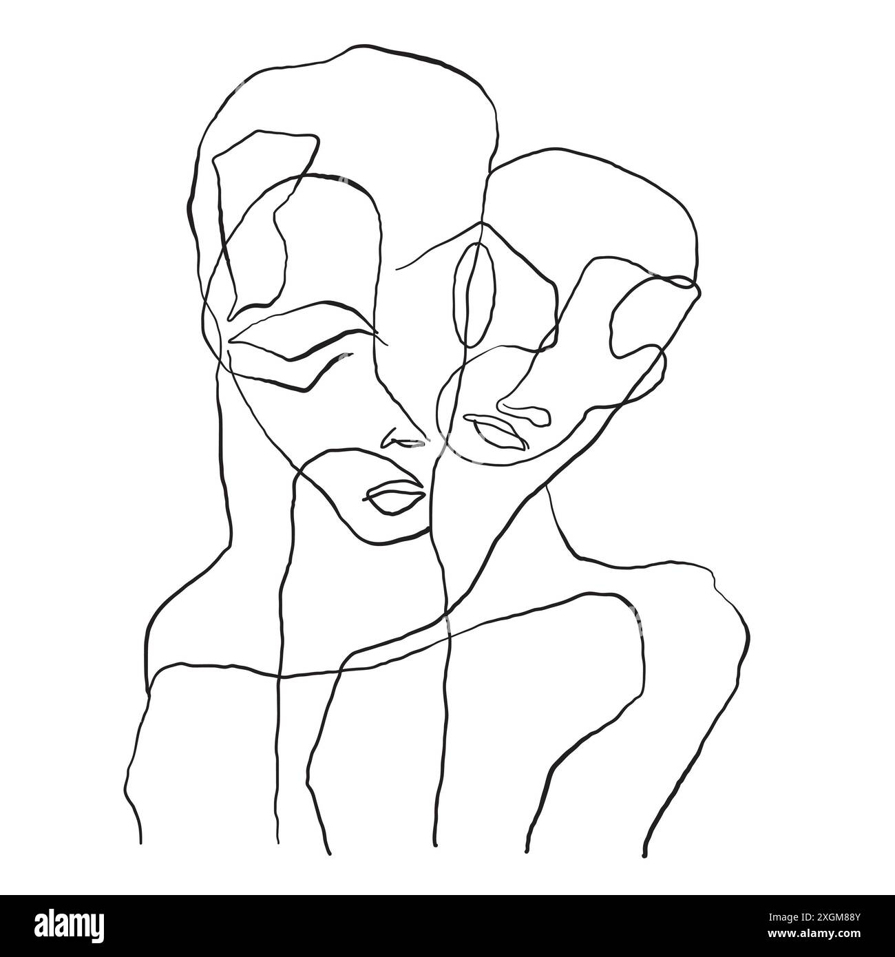 Ritratto in moderno stile grafico astratto, semplice disegnato a mano in bianco e nero. Composizione astratta. Foto Stock