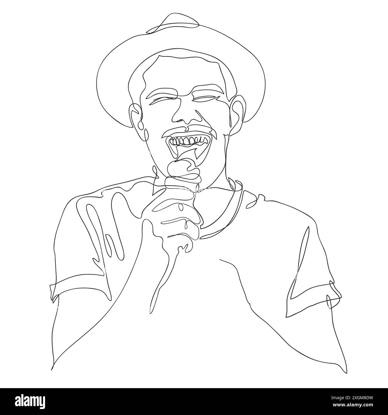 Line art di Young man in Hat che mangia un cono di gelato felice, linea continua Foto Stock