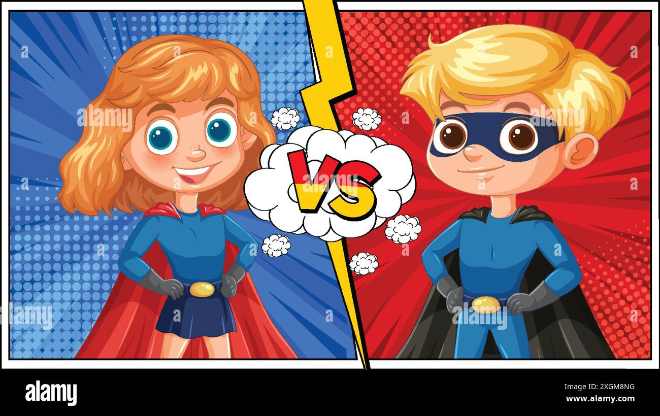 Due supereroi che si affrontano in uno stile comico Illustrazione Vettoriale