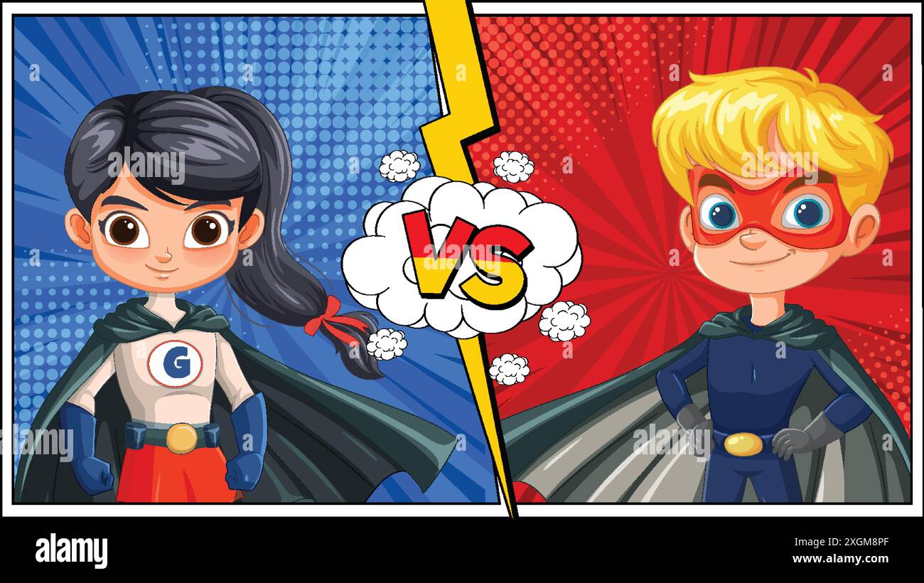Due supereroi si affrontano in uno stile comico Illustrazione Vettoriale