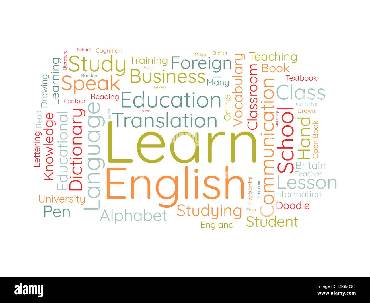 Impara il modello di wordcloud in inglese. Background vettoriale del concetto di istruzione. Illustrazione Vettoriale