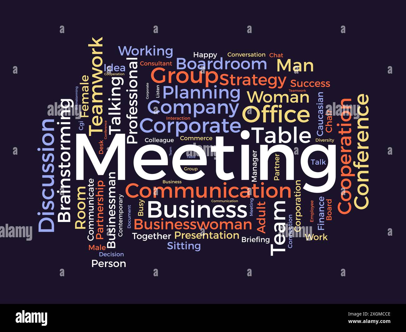 Modello wordcloud per riunioni. Background vettoriale del concetto aziendale. Illustrazione Vettoriale