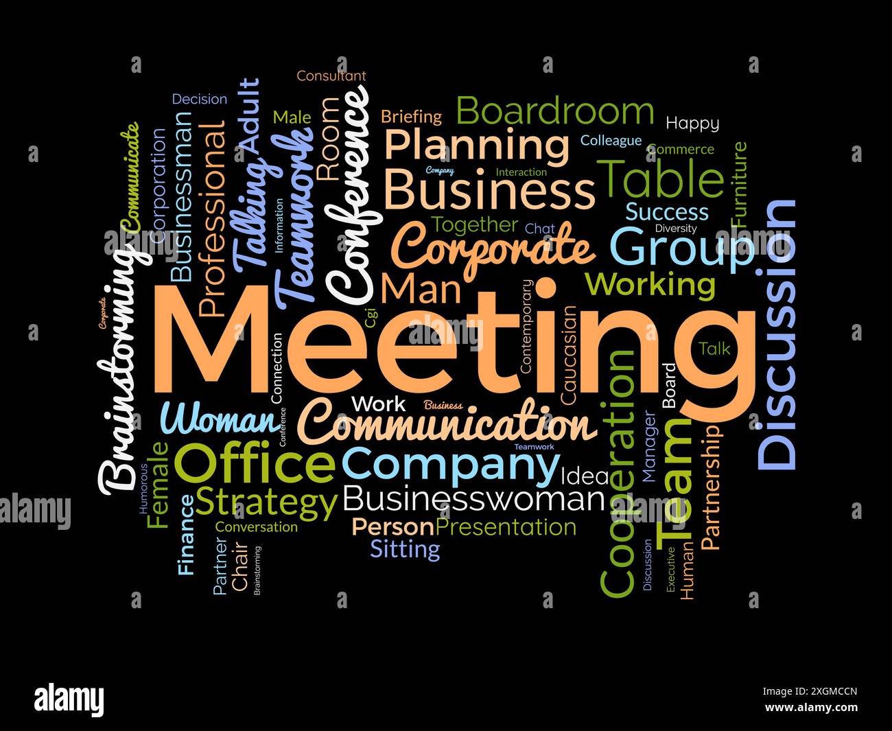 Modello wordcloud per riunioni. Background vettoriale del concetto aziendale. Illustrazione Vettoriale