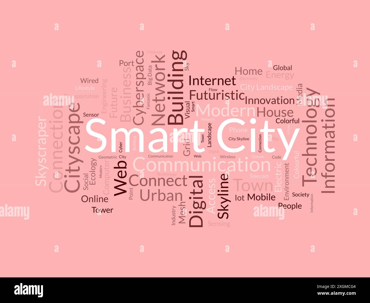 Modello cloud di parole Smart City. Sfondo vettoriale del concetto di tecnologia Cityscape. Illustrazione Vettoriale