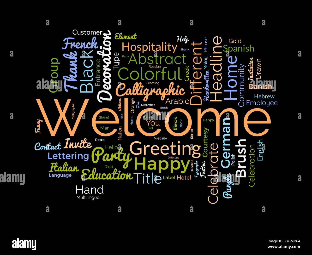 Modello wordcloud di benvenuto. Sfondo vettoriale del messaggio di saluto. Illustrazione Vettoriale