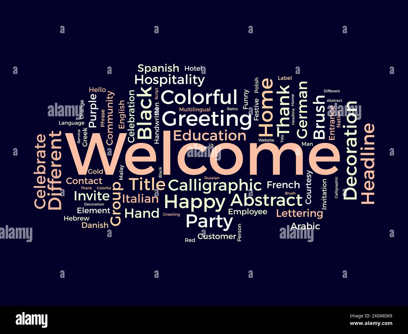 Modello wordcloud di benvenuto. Sfondo vettoriale del messaggio di saluto. Illustrazione Vettoriale