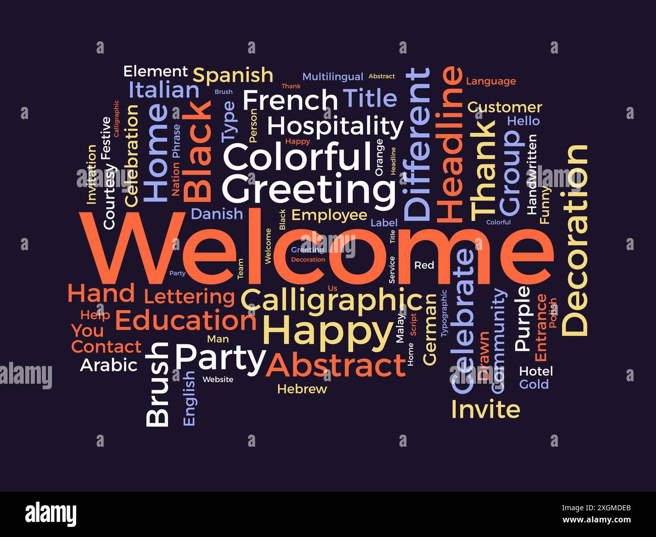 Modello wordcloud di benvenuto. Sfondo vettoriale del messaggio di saluto. Illustrazione Vettoriale