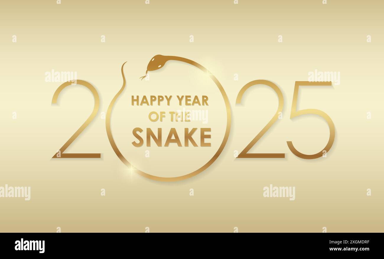 L'anno 2025, l'anno del serpente, logo Vector Gold Symbol con auguri di Capodanno su sfondo Champagne Gold. Illustrazione Vettoriale