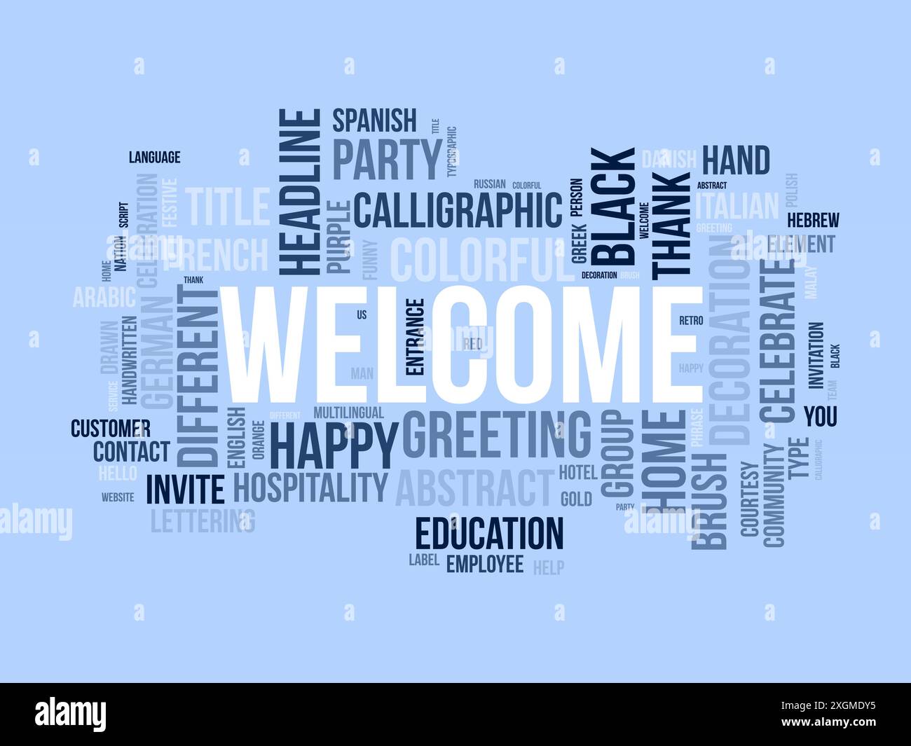 Modello wordcloud di benvenuto. Sfondo vettoriale del messaggio di saluto. Illustrazione Vettoriale