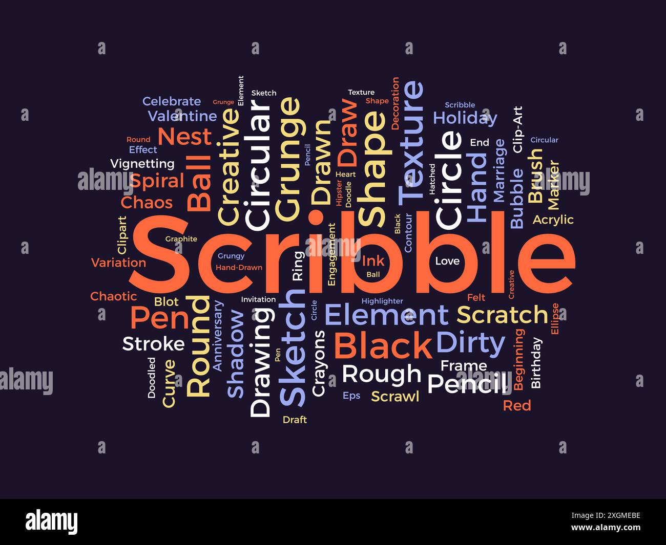 Modello nuvola di parole dello scribble. Sfondo vettoriale Art Concept. Illustrazione Vettoriale