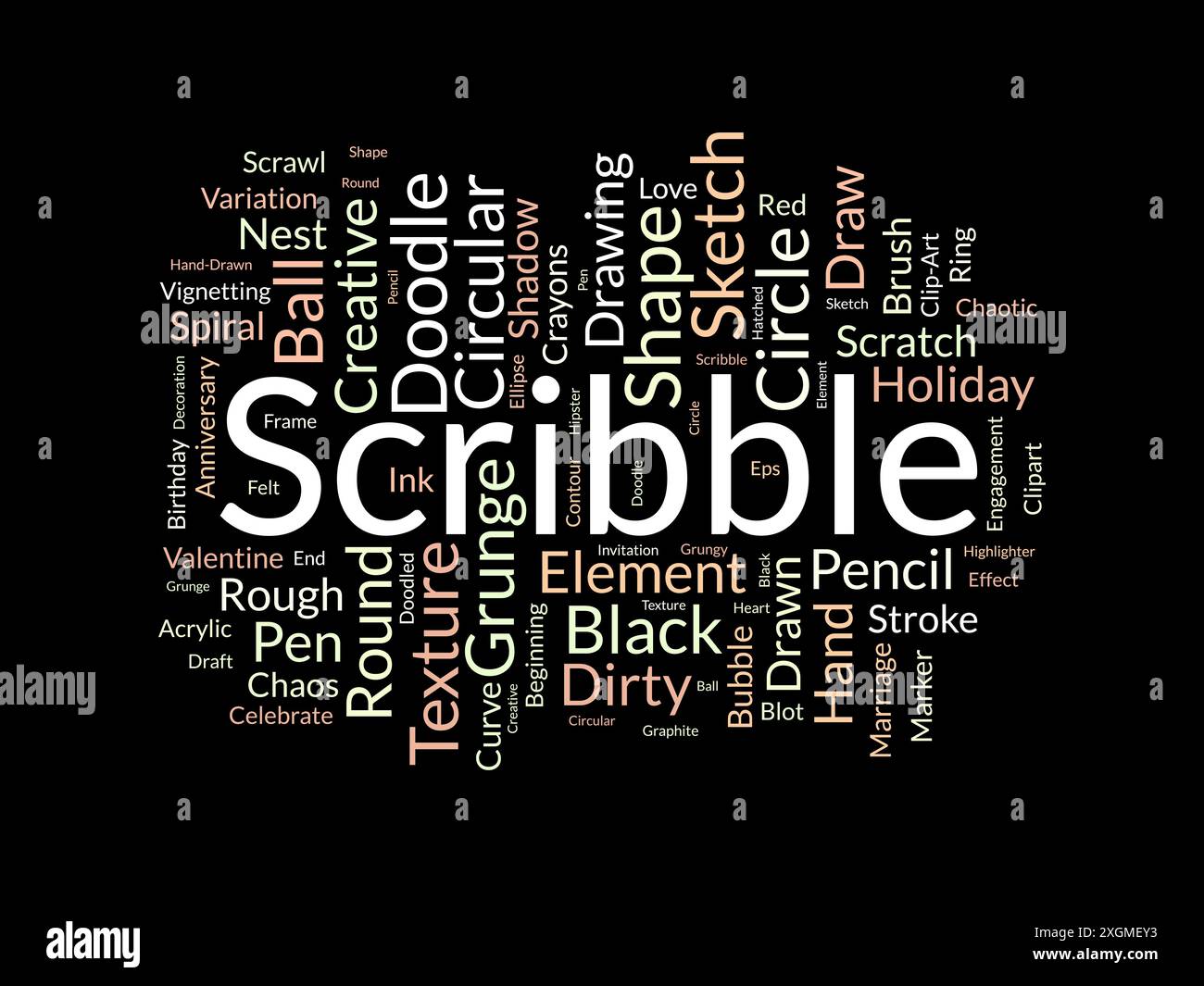 Modello nuvola di parole dello scribble. Sfondo vettoriale Art Concept. Illustrazione Vettoriale