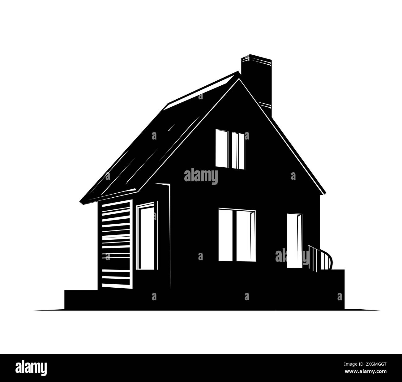 Casa con collettore solare. Immagine della silhouette nera isolata su sfondo bianco. Moderna architettura vettoriale di piccola costruzione. Privato Illustrazione Vettoriale
