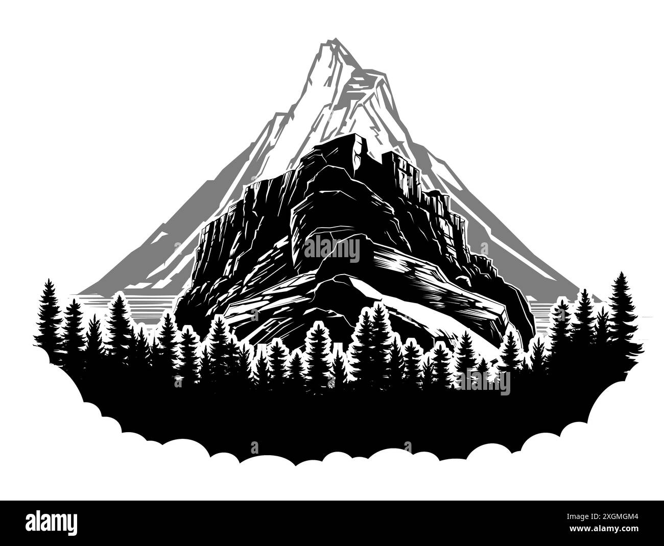 Grande montagna. Paesaggio con conifere. Abete di pino o abete rosso. Immagine di una silhouette nera isolata su sfondo bianco. Vettore Illustrazione Vettoriale