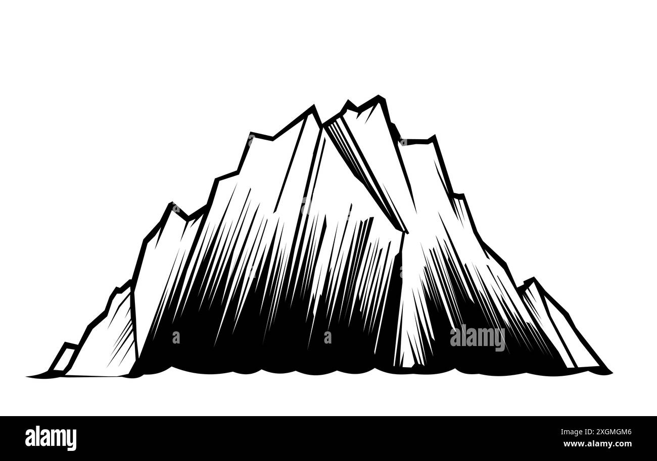 Iceberg solido. Roccia o ghiaccio. Disegno silhouette nero. Sporgenza affilata non uniforme. Isolato su sfondo bianco. Scogliera o pezzo di montagna. Immagine Illustrazione Vettoriale