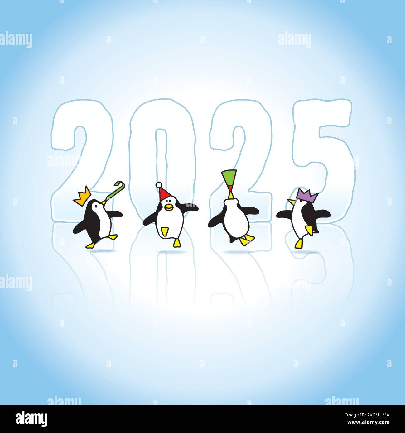 Quattro pinguini Happy Party che indossano cappelli di carta ballano di fronte alla scultura di ghiaccio Frozen Year 2025 Illustrazione Vettoriale