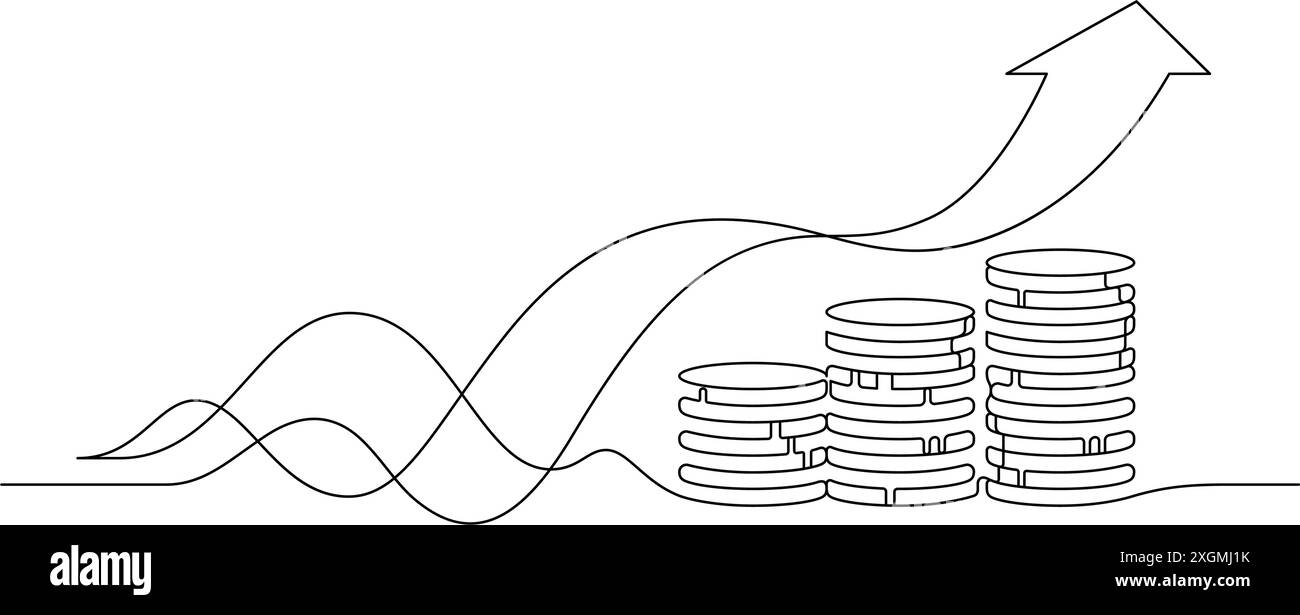 le monete si impilano con frecce del grafico in crescita risparmio di ricchezza e concetto di investimento illustrazione vettoriale continua a una linea Illustrazione Vettoriale