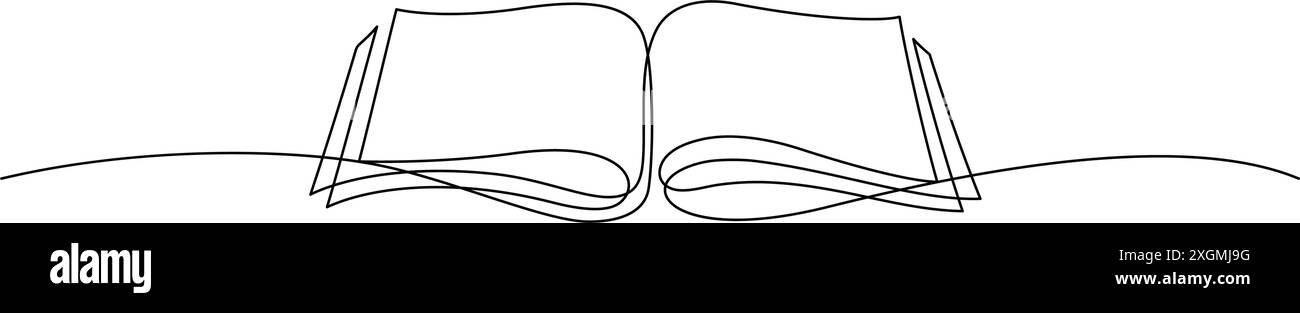 pagina di libro aperta disegno a linea continua semplicità minimalista illustrazione del concetto di istruzione. Illustrazione con linea sottile Illustrazione Vettoriale