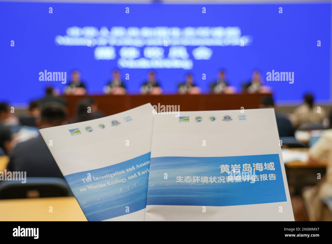 (240710) -- PECHINO, 10 luglio 2024 (Xinhua) -- questa foto scattata il 10 luglio 2024 mostra le copie cinesi e inglesi di un rapporto intitolato "The Investigation and Assessment Report on Marine Ecology and Environment Status of Huangyan Dao" a Pechino, capitale della Cina. L'area cinese di Huangyan Dao nel Mar Cinese meridionale gode di un'eccellente qualità ambientale e di un sano ecosistema di barriera corallina, ha dichiarato un rapporto pubblicato mercoledì. Il rapporto è stato pubblicato congiuntamente da più istituzioni sotto il Ministero dell'ecologia e dell'ambiente, l'Accademia cinese delle scienze e l'Università Guangxi. (Xinhua/ZH Foto Stock