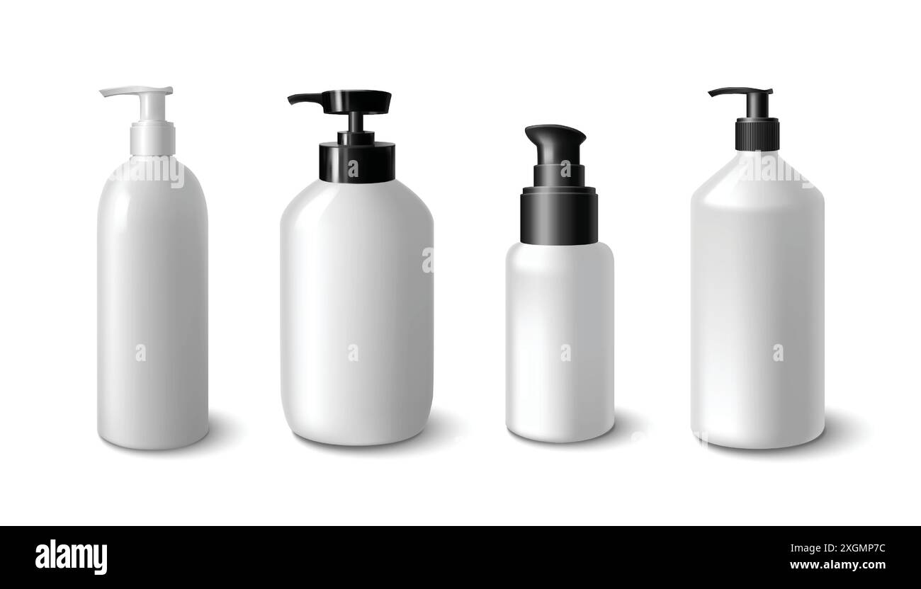 Mockup per bottiglia in plastica bianca con tappo per pompa per marchio cosmetico o shampoo. Set di immagini vettoriali 3d realistiche di sapone liquido o contenitore di lozione con dispenser. Modello di prodotti per la cura della pelle e il trucco Illustrazione Vettoriale