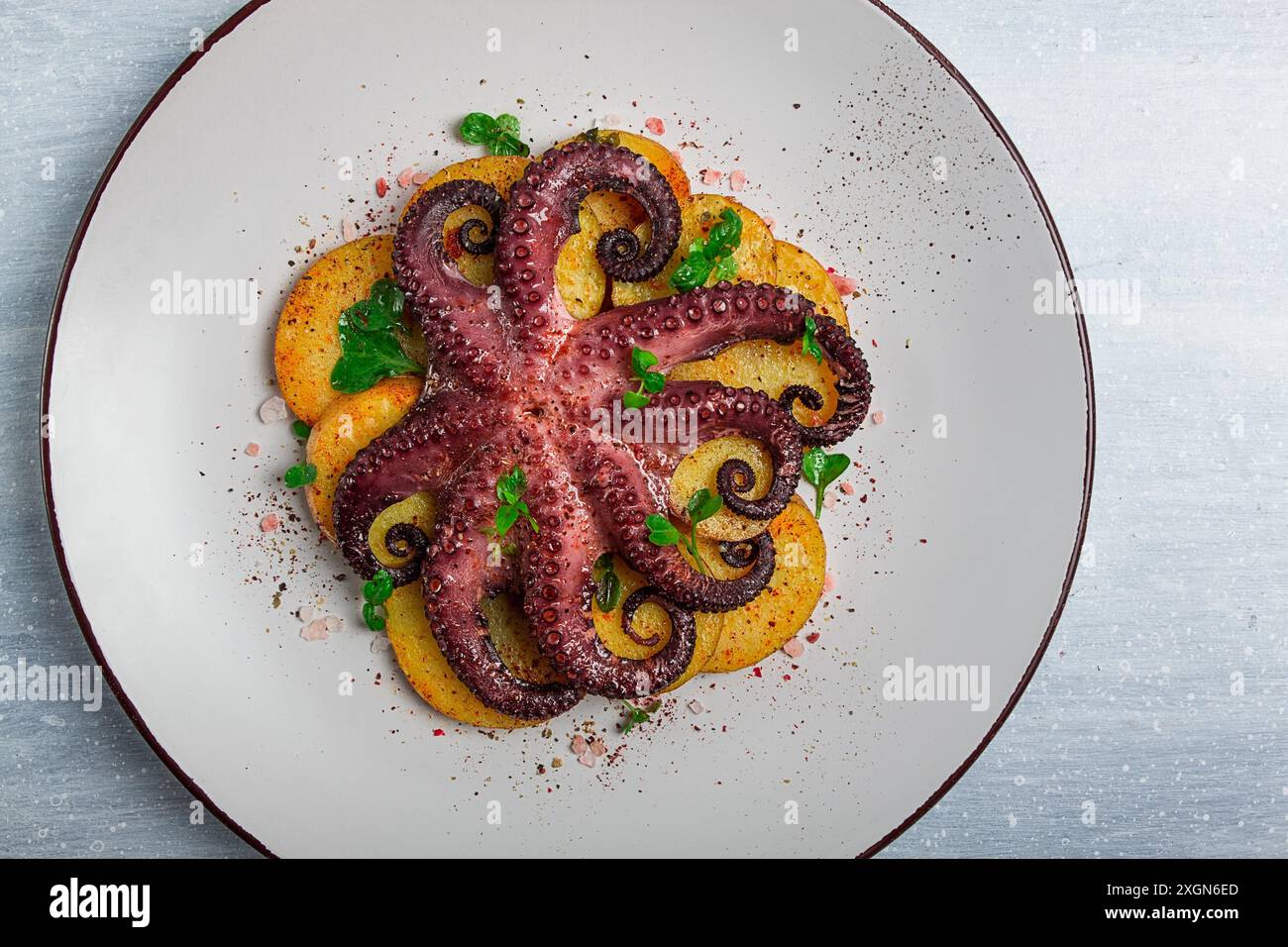 Polpo con patate e spezie, su un piatto leggero, vista dall'alto, niente persone, fatti in casa, primo piano Foto Stock