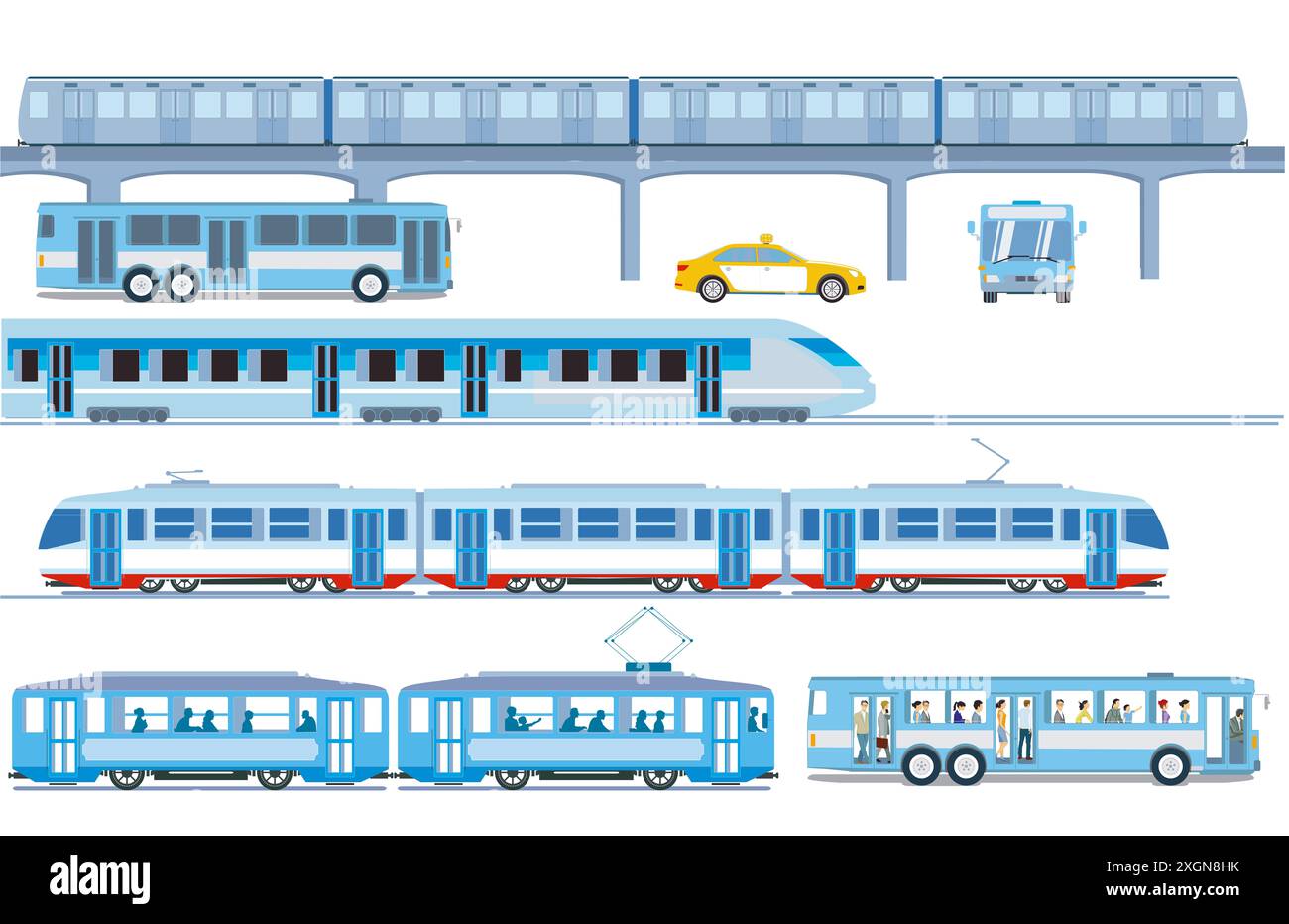 Traffico ferroviario, ferrovia sopraelevata, treno espresso, tram e autobus, illustrazione ritagliata Foto Stock