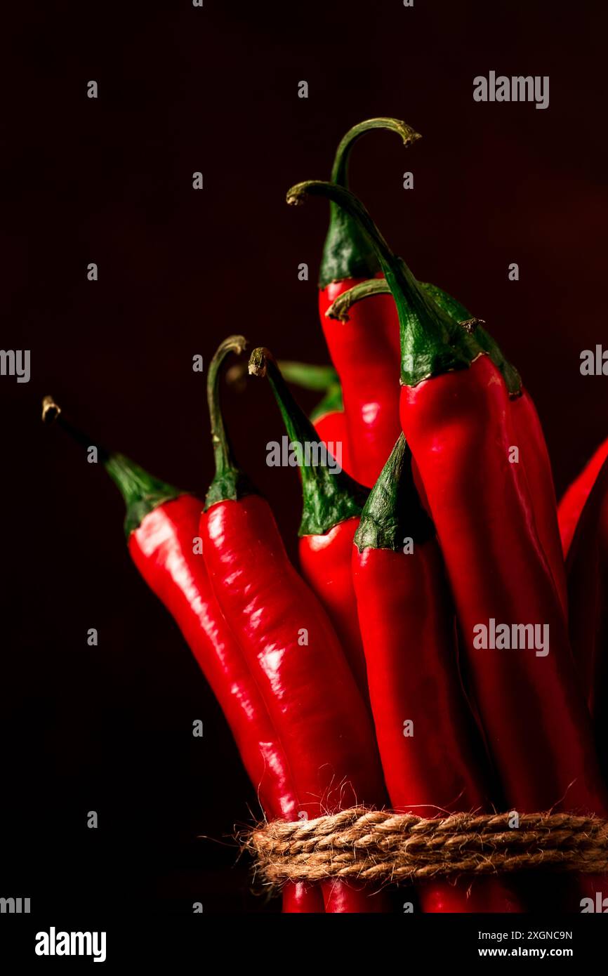 Mazzo di peperoncino rosso caldo, primo piano, su sfondo scuro, attenzione selettiva, nessuna persona, concetto, background alimentare, immagine tonificata Foto Stock