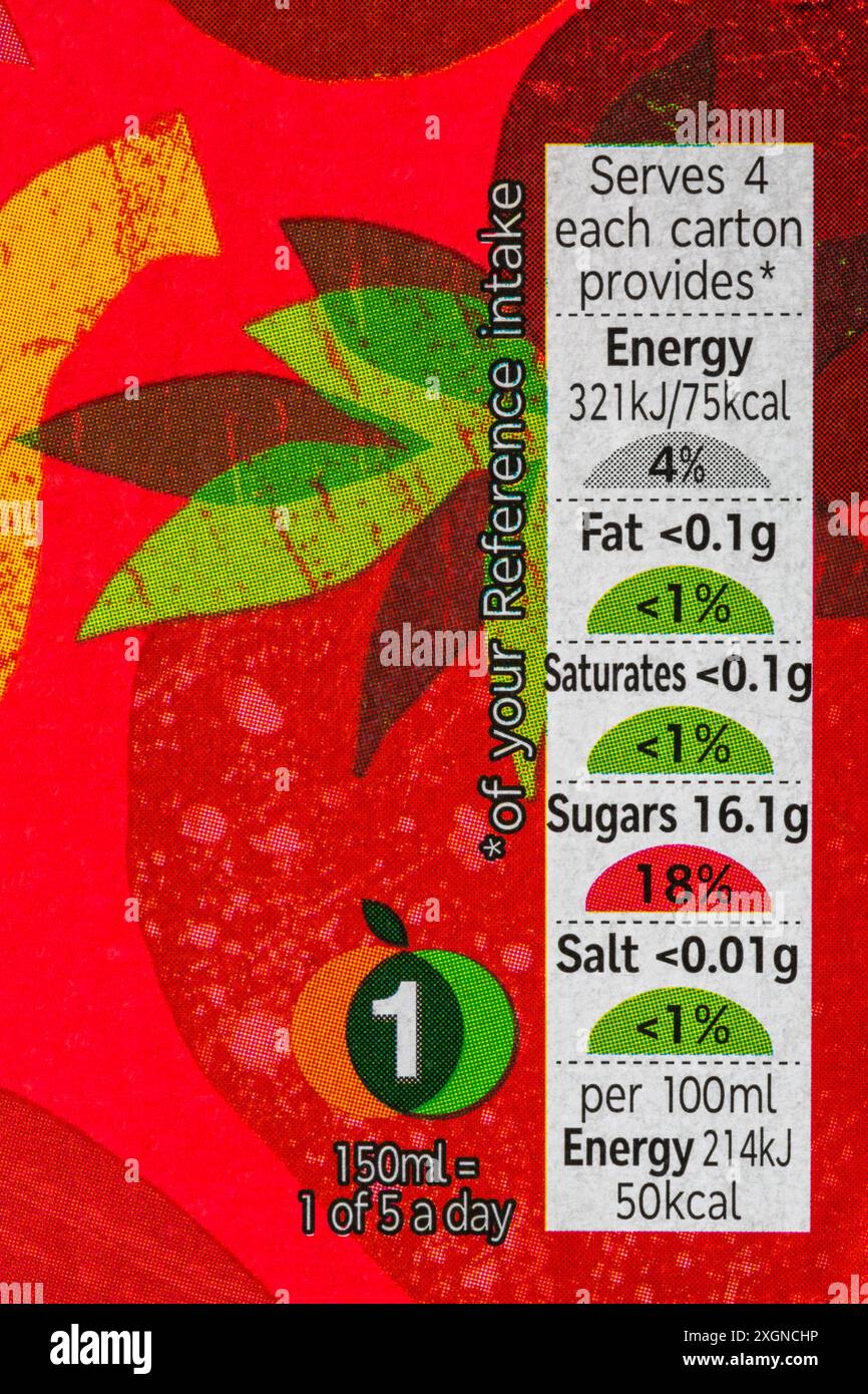 Informazioni nutrizionali informazioni sul sistema dei semafori informazioni sulle etichette codificate a colori sulla scatola di Strawberry Banana & Cherry Smoothie di M&S. Foto Stock