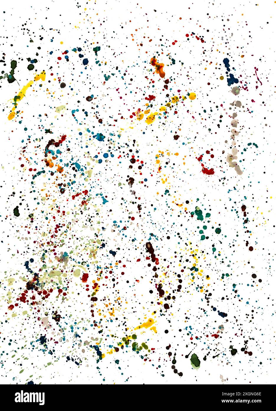 Sfondo astratto, gocce, schizzi, pittura, su sfondo bianco, multicolore, disegno, pittura ad acquerello Foto Stock