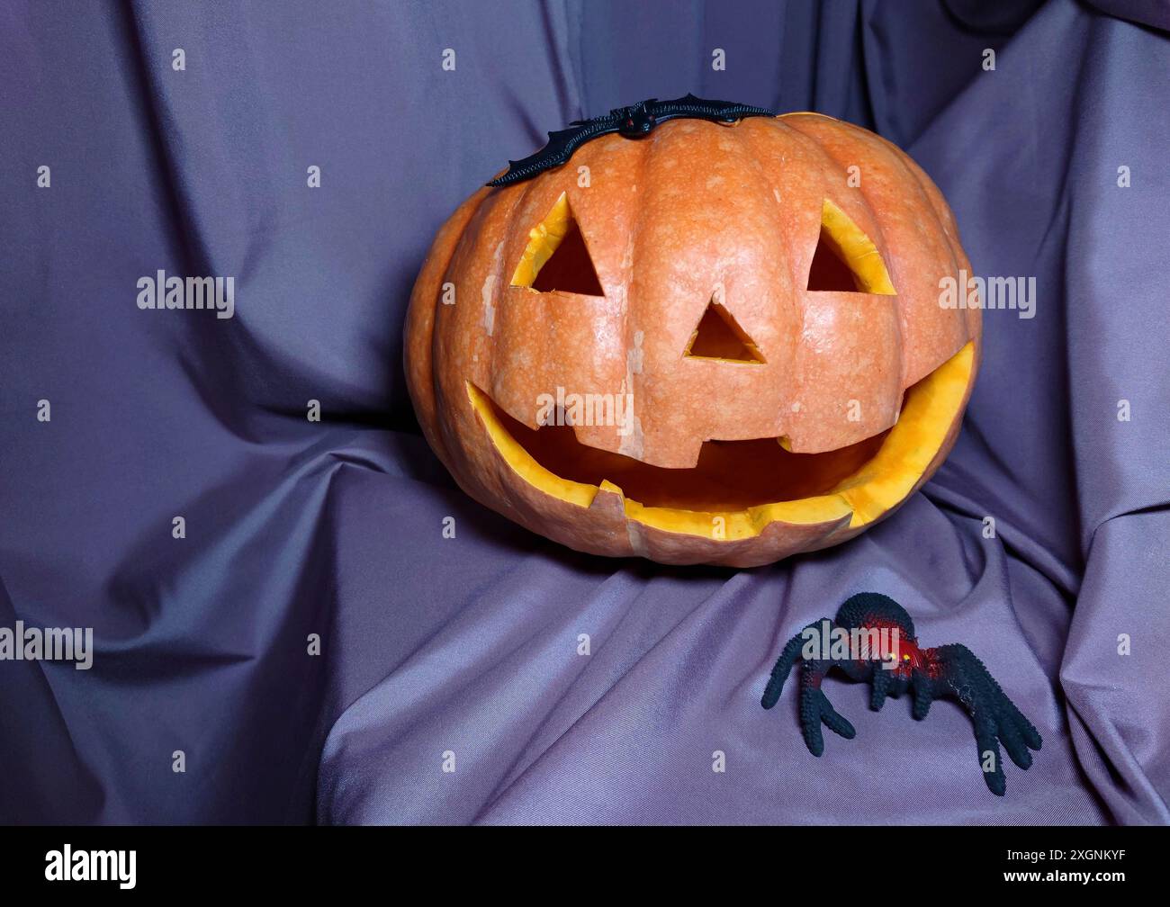 Jack-o'-lanterna intagliata e ragno su tessuto viola creano un'atmosfera spettrale di Halloween Foto Stock