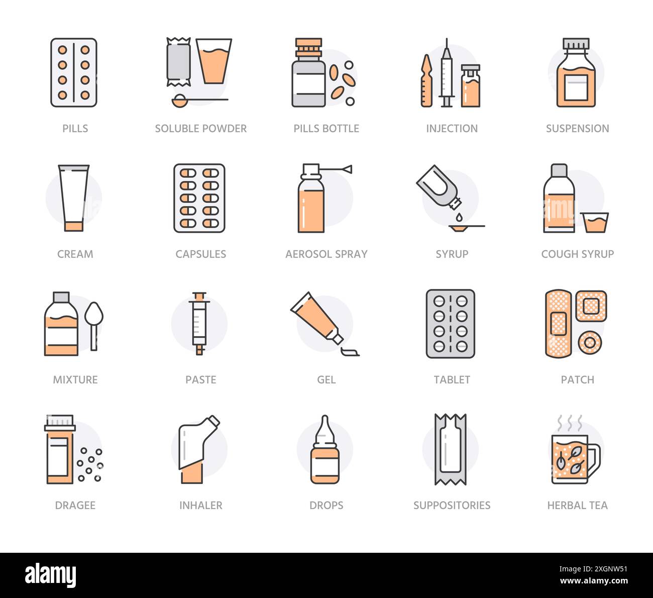 Farmaci, forme farmaceutiche icone di linea. Farmaci da farmacia, compresse, capsule, pillole, antibiotici, vitamine, antidolorifici, spray aerosol. Assistenza sanitaria Illustrazione Vettoriale