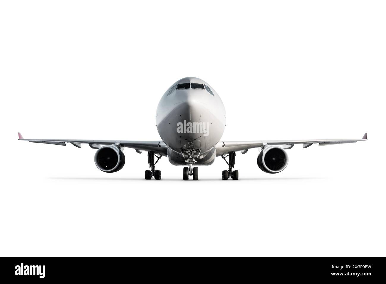 Vista frontale di un aereo passeggeri a corpo largo isolato su sfondo bianco Foto Stock