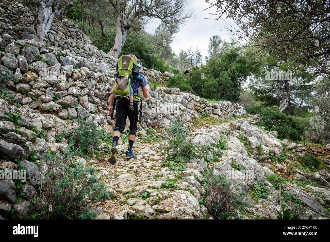 Padre con bambino nello zaino, Cami de Ses Tres Creus, Maiorca, Isole Baleari, Spagna Foto Stock