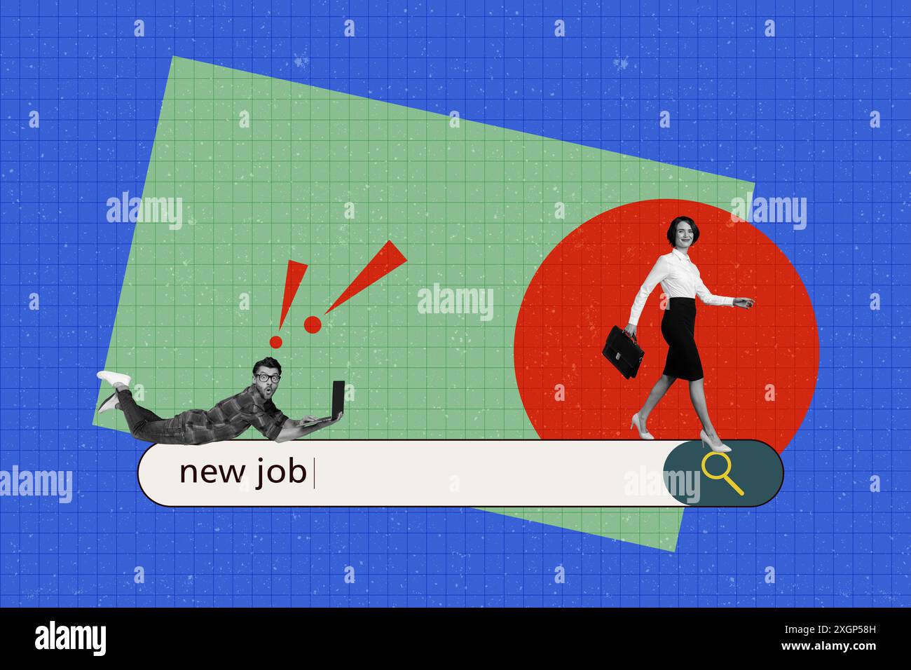 Grafica di tendenza immagine schizzo collage fotografico del candidato pagina di interfaccia di ricerca di posto vacante sito Web giovane uomo laptop trova nuovo lavoro signora hr Walk Foto Stock