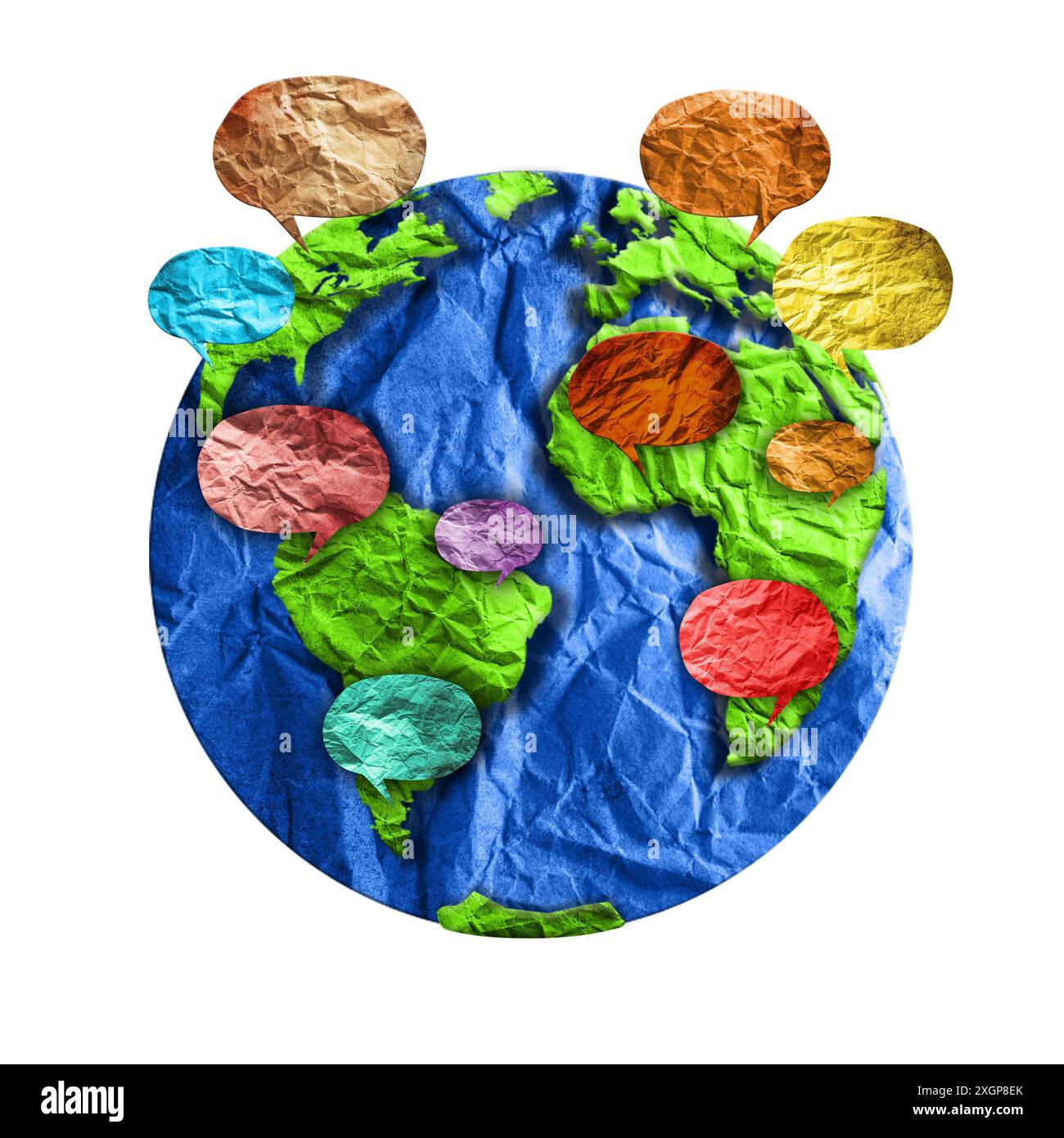 Comunicazione globale, messaggistica internazionale e concetto di traduzione, bolle di voce intorno al globo blu della Terra isolate su sfondo bianco Foto Stock