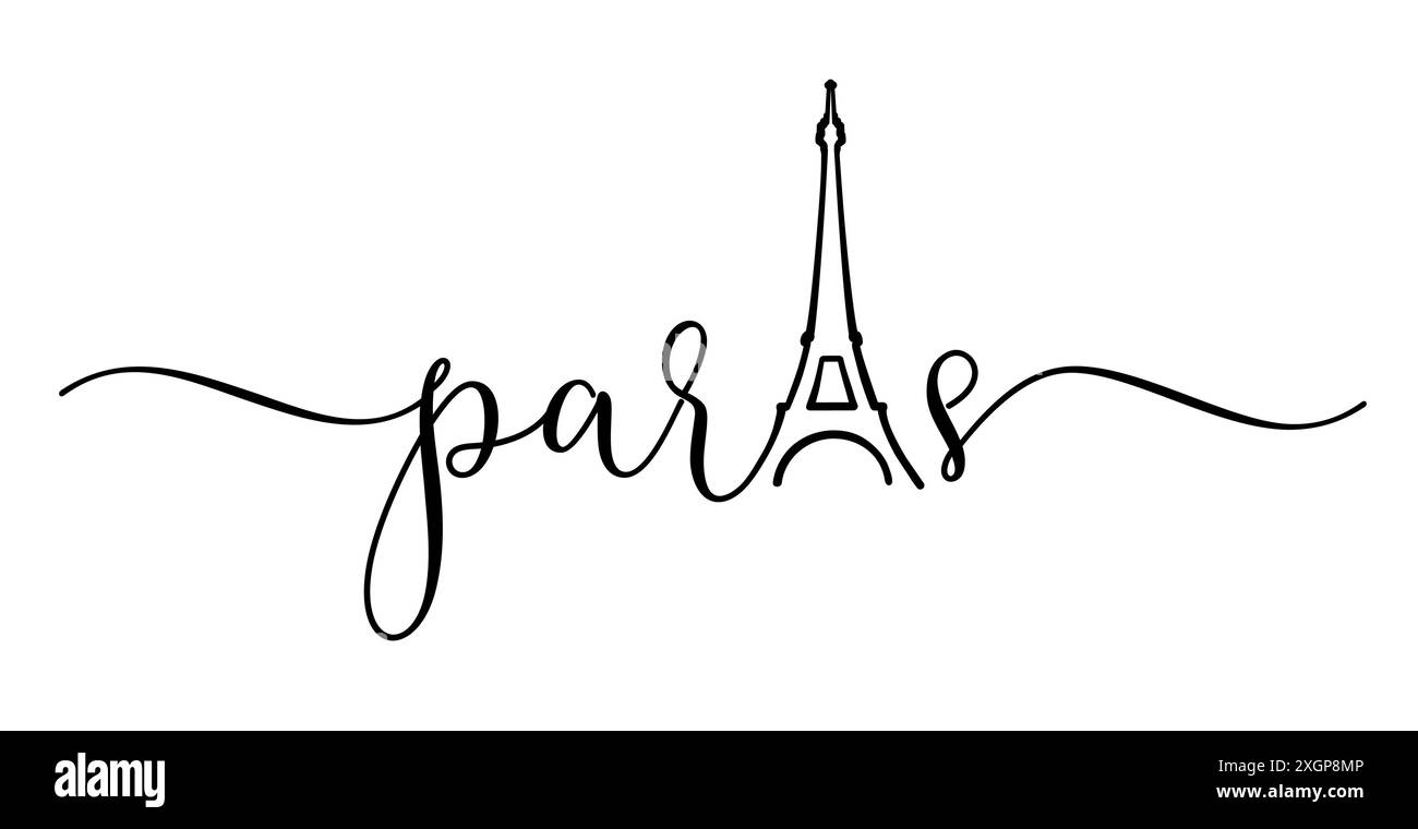 Parigi, calligrafia elegante e design t-shirt della Torre Eiffel. Illustrazione vettoriale con caratteri e Torre Eiffel per l'arredamento della casa, il design di pareti Illustrazione Vettoriale