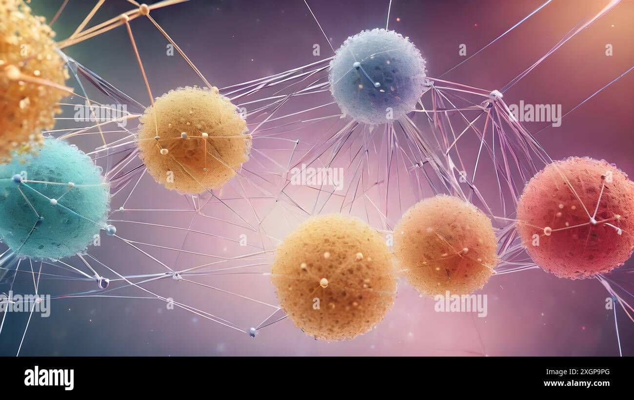 Concetto scientifico: Atomi con legami chimici. Struttura del DNA molecolare. Struttura della rete legami chimici a livello molecolare di linee e punti, punti Foto Stock