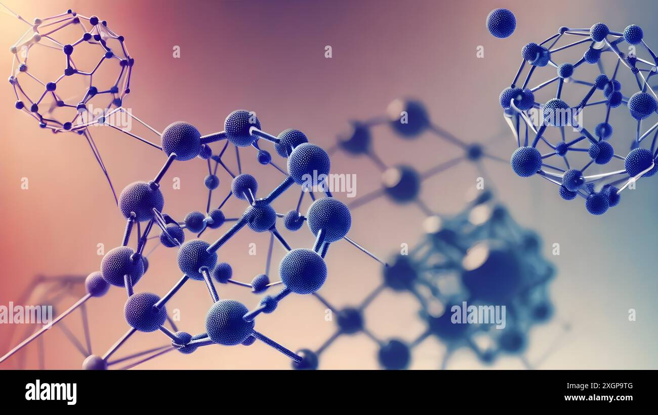 Concetto scientifico: Atomi con legami chimici. Struttura del DNA molecolare. Struttura della rete legami chimici a livello molecolare di linee e punti, punti Foto Stock