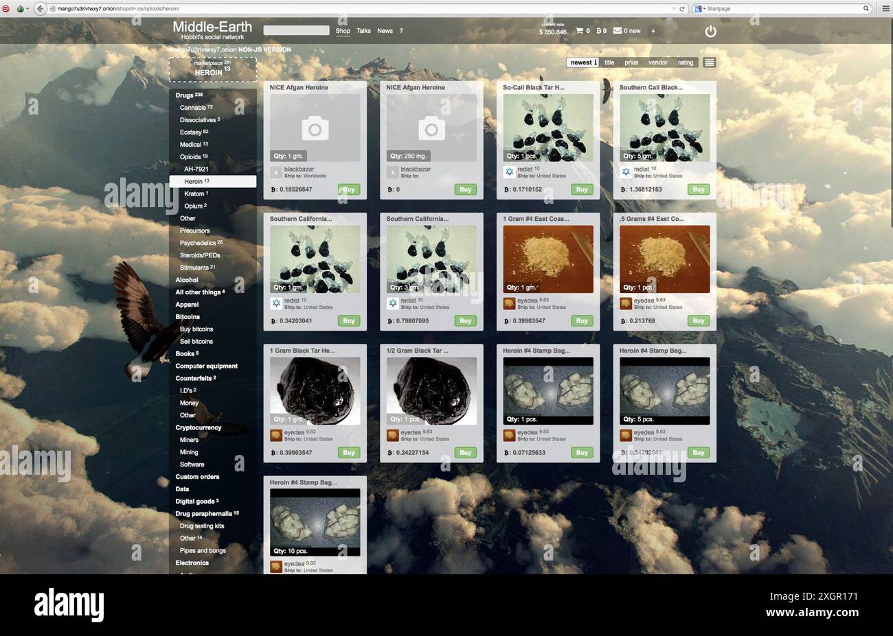 Afferra lo schermo da siti del mercato Dark Net che vendono drogsnefarious illegali Foto Stock