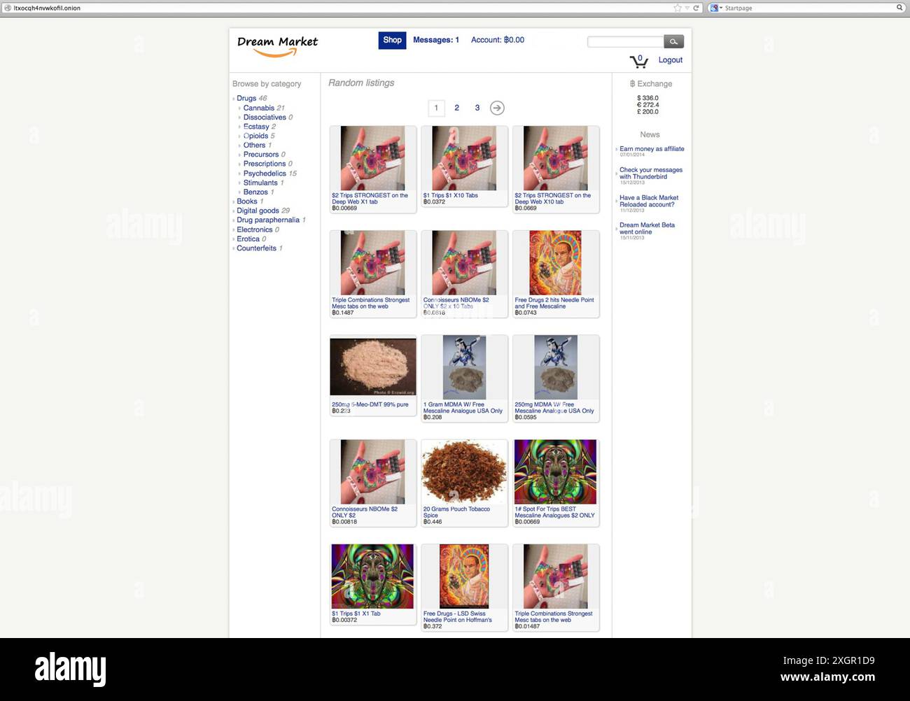 Afferra lo schermo da siti del mercato Dark Net che vendono drogsnefarious illegali Foto Stock