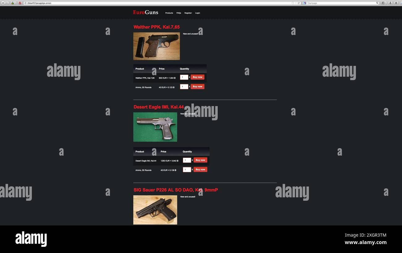 Cattura lo schermo dai mercati del mercato nero sulla Dark Net che vendono servizi illegali, droga, pistole, documenti d'identità falsi, ecc.. Foto Stock