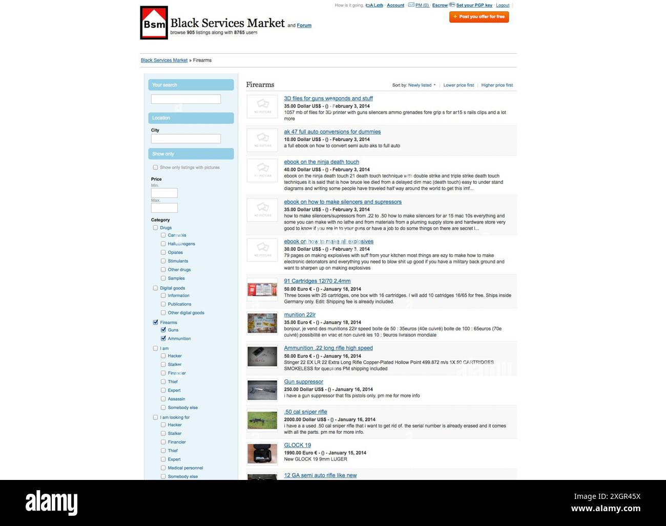 Cattura lo schermo dai mercati neri della Dark Net che vendono servizi illegali, droga, pistole, documenti d'identità falsi, ecc. Foto Stock