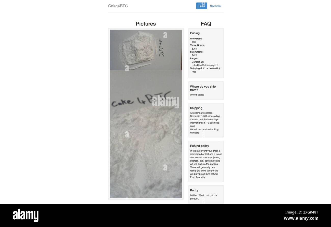 Cattura lo schermo dai mercati neri della Dark Net che vendono servizi illegali, droga, pistole, documenti d'identità falsi, ecc. Foto Stock