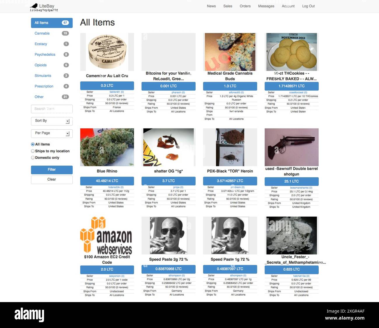 Cattura lo schermo dai mercati neri della Dark Net che vendono servizi illegali, droga, pistole, documenti d'identità falsi, ecc. Foto Stock