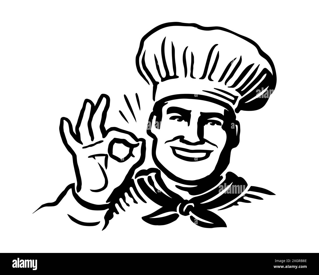 Chef felice con un cartello ok. Emblema del cuoco maschile. Disegno disegnato a mano per il menu del ristorante o della caffetteria. Illustrazione vettoriale Illustrazione Vettoriale