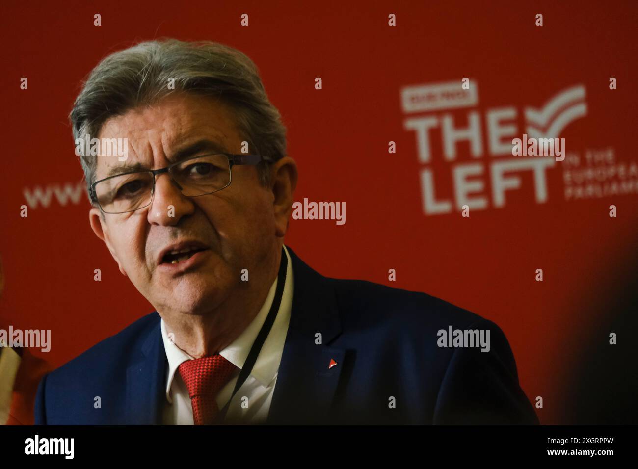 Bruxelles, Belgio. 10 luglio 2024. Jean-Luc Melenchon, fondatore del partito LFI, tiene una conferenza stampa al Parlamento europeo a Bruxelles, in Belgio, il 10 luglio 2024 Credit: ALEXANDROS MICHAILIDIS/Alamy Live News Foto Stock