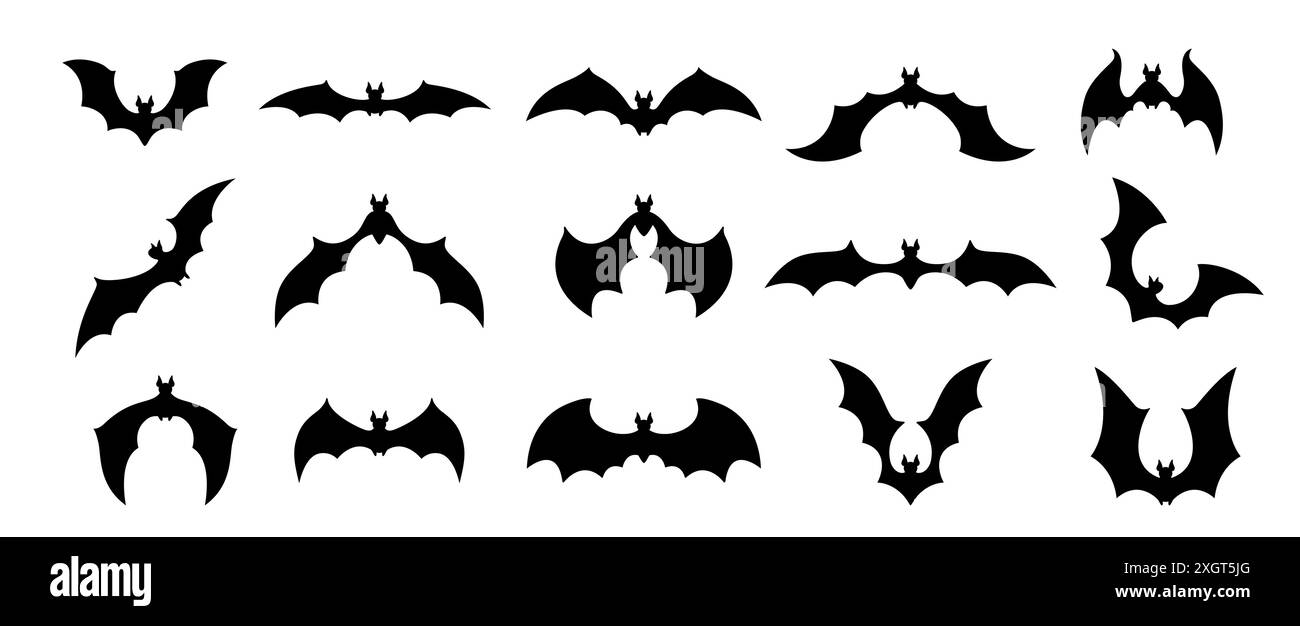 Halloween pipistrelli silhouette, nuvola di pipistrelli. Set vettoriale isolato di forme nere di animali vampiri alati su sfondo bianco. Creature notturne inquietanti e spaventose, icone monocromatiche, segni o pittogrammi Illustrazione Vettoriale